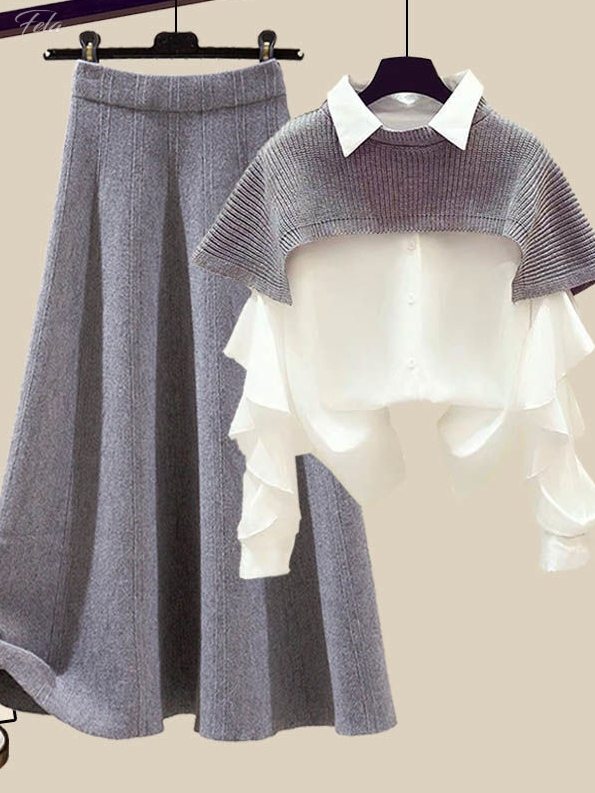 グレー/スカート+グレー/ポンチョ+ホワイト/シャツ