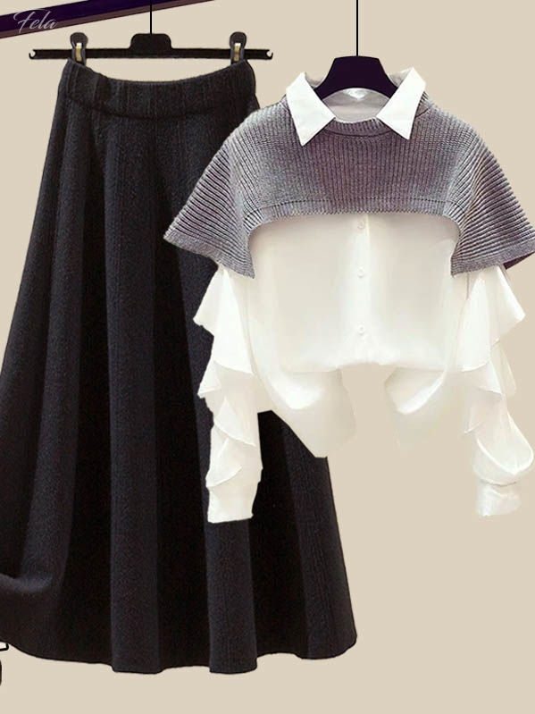ブラック/スカート+グレー/ポンチョ+ホワイト/シャツ