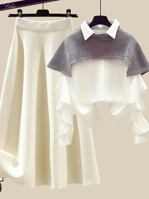 ホワイト/スカート+グレー/ポンチョ+ホワイト/シャツ