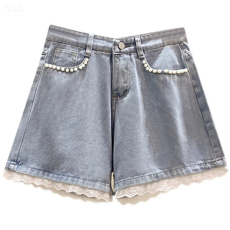 High Waist Pearl Decor Lace Hem Denim Shorts_yythkg (1).jpg