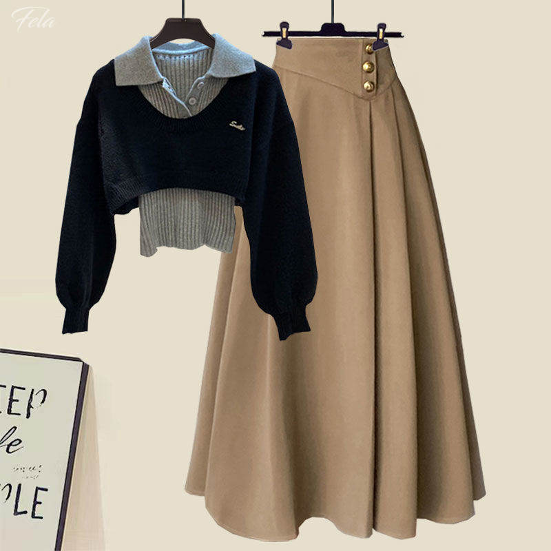 ブラック/セーター+キャメル/スカート