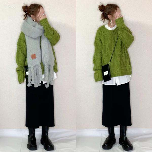グリーン/ニット+ブラック/スカート