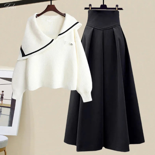 ホワイトセーター＋ブラックスカート